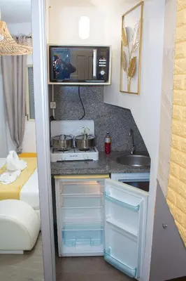 a small kitchen with a stove and a microwave at Studio Morna City Center in Mindelo