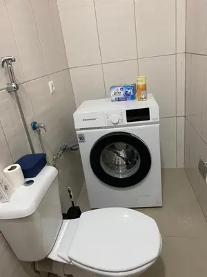a bathroom with a washing machine next to a toilet at Casa Melissa in Ponta do Sol