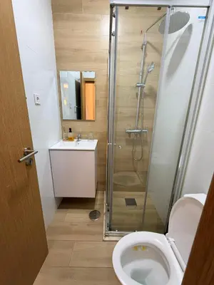 a bathroom with a shower and a toilet at FreLux Urban Studio in Praia