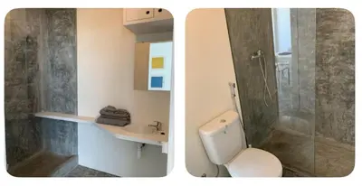 two pictures of a bathroom with a toilet and a shower at Central studio Nomad friendly 1B in Mindelo