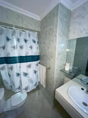 a bathroom with a sink and a toilet and a shower curtain at Pousada do Norte, ilha do Fogo in Calheta de São Miguel