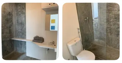 two pictures of a bathroom with a toilet and a shower at Modern&Central Mindelo - 1A in Mindelo