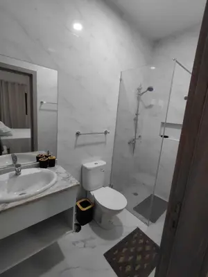 a bathroom with a toilet and a shower and a sink at C&C Guesthouse in Praia