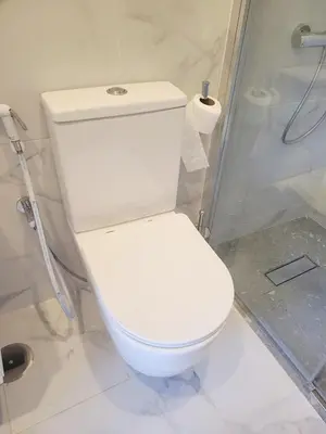 a white toilet in a bathroom with a shower at Luxury Lux Studio with Seaview in Santa Maria