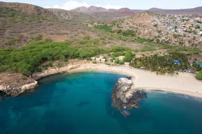 an aerial view of a beach with blue water at Vista Mar in Tarrafal