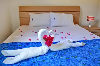 two swans made out of towels laying on a bed at Porto Antigo Hotel BB in Santa Maria
