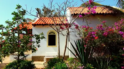 a white house with flowers in front of it at Torre Sabina in Vila do Maio
