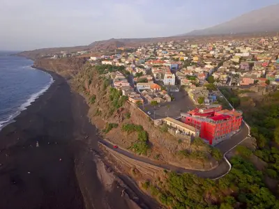 an aerial view of a town next to the ocean at Hotel Ocean View & Restaurante Seafood in São Filipe