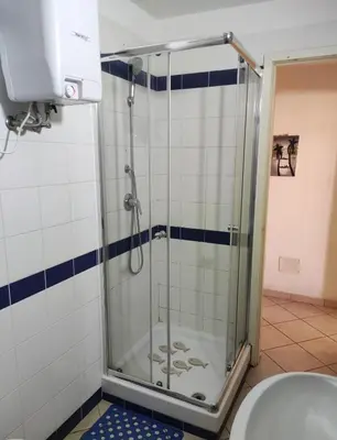 a shower with a glass door in a bathroom at Residence Amanda with pool in Santa Maria