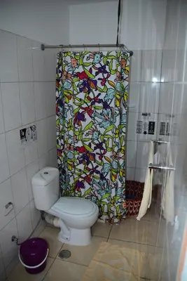 a bathroom with a toilet and a shower curtain at Meeting Point Hostels-Tarrafal Center, also in Praia & Fogo-NO CASH ACCEPTED in Tarrafal