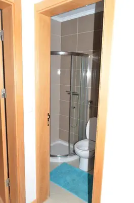a bathroom with a toilet and a shower in it at Apartamento Augusto in Praia