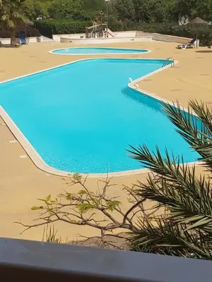 a pool with blue water and a palm tree at Surf Beach Vila Verde apartments in Santa Maria