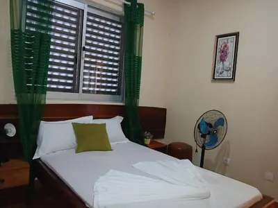 a bedroom with a bed with green curtains and a fan at Pensao Mille Nuits in Tarrafal