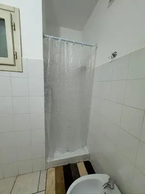 a bathroom with a shower curtain and a toilet at Vista Do Mar Studio Praia Cabral in Sal Rei