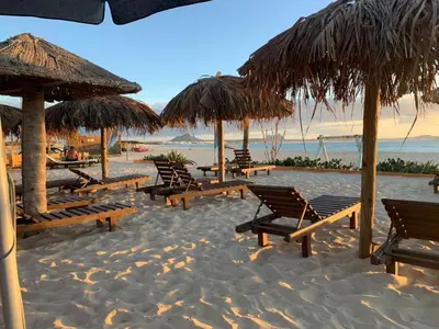 a group of chairs and umbrellas on a beach at SGC Boa Vista Apartments in Sal Rei