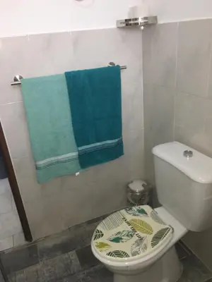 a bathroom with a toilet and a blue towel at Apartamento Llana in Santa Maria