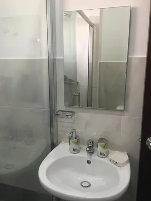 a bathroom with a sink and a mirror and a shower at Apartamento Llana in Santa Maria