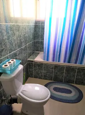 a bathroom with a toilet and a shower curtain at Casa Cabral : Big Apartment next to the beach in Tarrafal