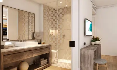 a bathroom with a sink and a mirror at ROBINSON Cabo Verde - Adults only in Santa Maria