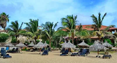 a beach with chairs and umbrellas and palm trees at Porto Antigo Top 10 in Santa Maria