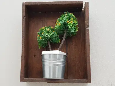 a potted plant in a wooden box with a bucket at Casa Io - Bica in Mindelo