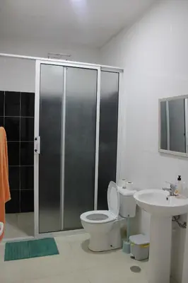 a bathroom with a shower and a toilet and a sink at Casa Pé di Polon holiday home in Picos