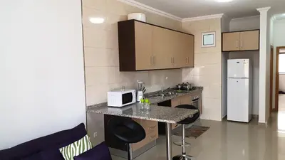 a kitchen with a counter with a microwave and a refrigerator at Appartement de Revé in Praia