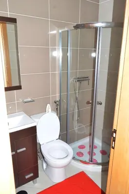 a bathroom with a shower with a toilet and a sink at Apartamento Ireny in Praia