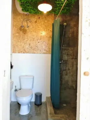 a bathroom with a toilet and a shower at Casa Blu Guesthouse - Casa de Hospedes in Santa Maria