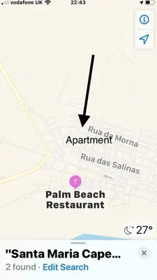 a map ofpain beach restaurant with a marker at Paradise Cape Verde in Santa Maria