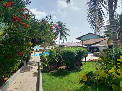 a resort yard with a swimming pool and palm trees at Sal&Love apt in Porto Antigo in Santa Maria