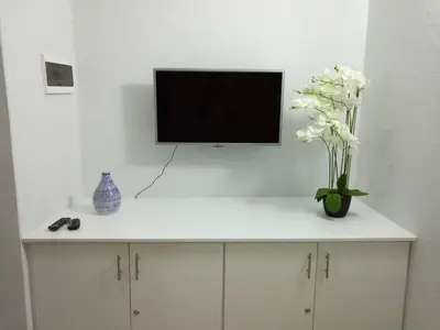 a tv on a wall with a vase of flowers at Apartamento Moradias Djadsal C01 próximo à Praia de Santa Maria in Espargos