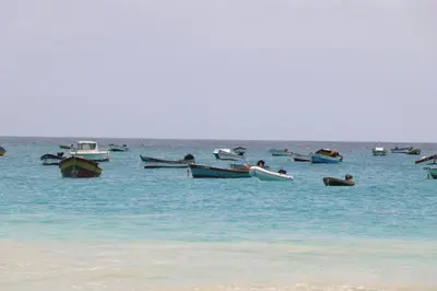a group of boats in the water on a beach at Apartamento Moradias Djadsal C01 próximo à Praia de Santa Maria in Espargos