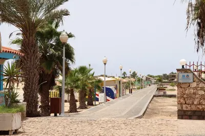 a street with palm trees and street lights on a sidewalk at Apartamento Moradias Djadsal C01 próximo à Praia de Santa Maria in Espargos
