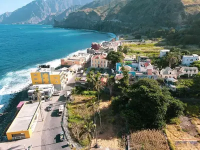 an aerial view of a town next to the ocean at Pousada do Ceu in Paul