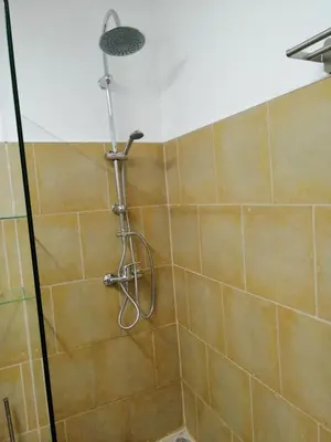 a shower with a shower head in a bathroom at Casas do Cinema I in Mindelo