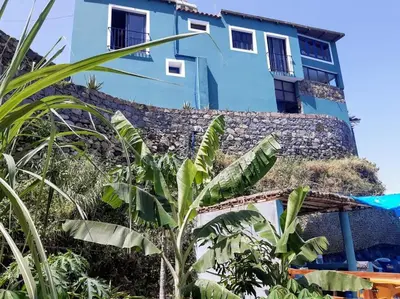 a blue building with a palm tree in front of it at THE RETREAT in Monte Joana