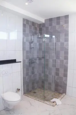 a bathroom with a glass shower with a toilet at Hotel Por Do Sol in Tarrafal