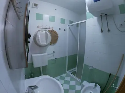 a small bathroom with a toilet and a shower at Ibiscus in Santa Maria