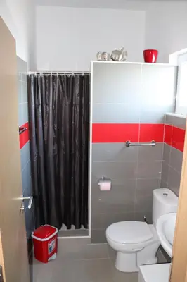 a bathroom with a toilet and a shower curtain at LAFAYETTE Alojamentos in Espargos