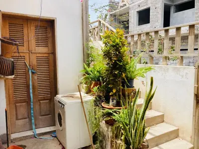 a balcony with plants and a washing machine at Pedra de Rala in Porto Novo