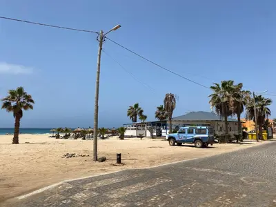 a blue truck parked on a beach with palm trees at Leme Bedje - By Bobbywashere in Santa Maria