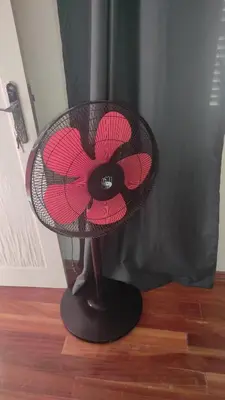 a black fan with a red flower on a table at Rose`s place in Mindelo