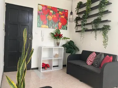 a living room with a black couch and some plants at Amilcar Cabral Loft in Praia