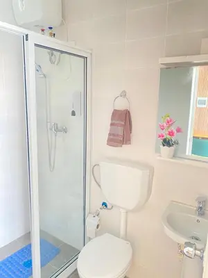 a bathroom with a shower and a toilet and a sink at Cesária Évora Loft in Praia