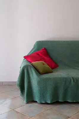 a green bed with two red pillows on it at Lovely beach front apartment in Santa Maria in Santa Maria