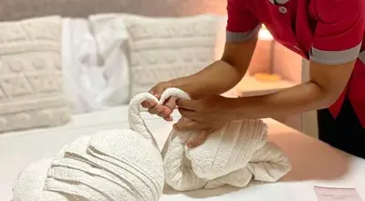 a woman is making a towel snake on a bed at Hotel Vista in Praia