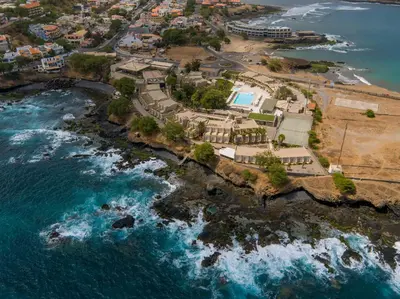 an aerial view of the beach and the ocean at Oasis Praiamar in Praia
