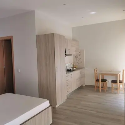 a room with a kitchen and a table and a bed at Ellen Apartamento T0 - Inforsal in Espargos