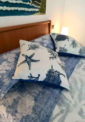 a bed with two pillows on top of it at Beach house Agua Viva, Praia de Chaves, Boa Vista, Sal Rei, Cape Vert, 50mt spiaggia in Cabeçadas